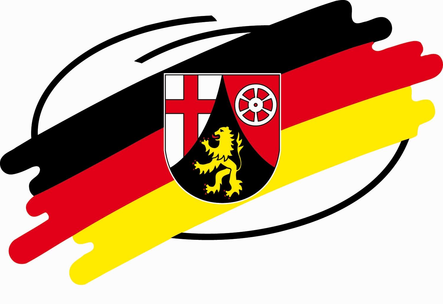 Wappen von Rheinland-Pfalz mit einem Oval und den Farben Schwarz, Rot, Gold im Hintergrund